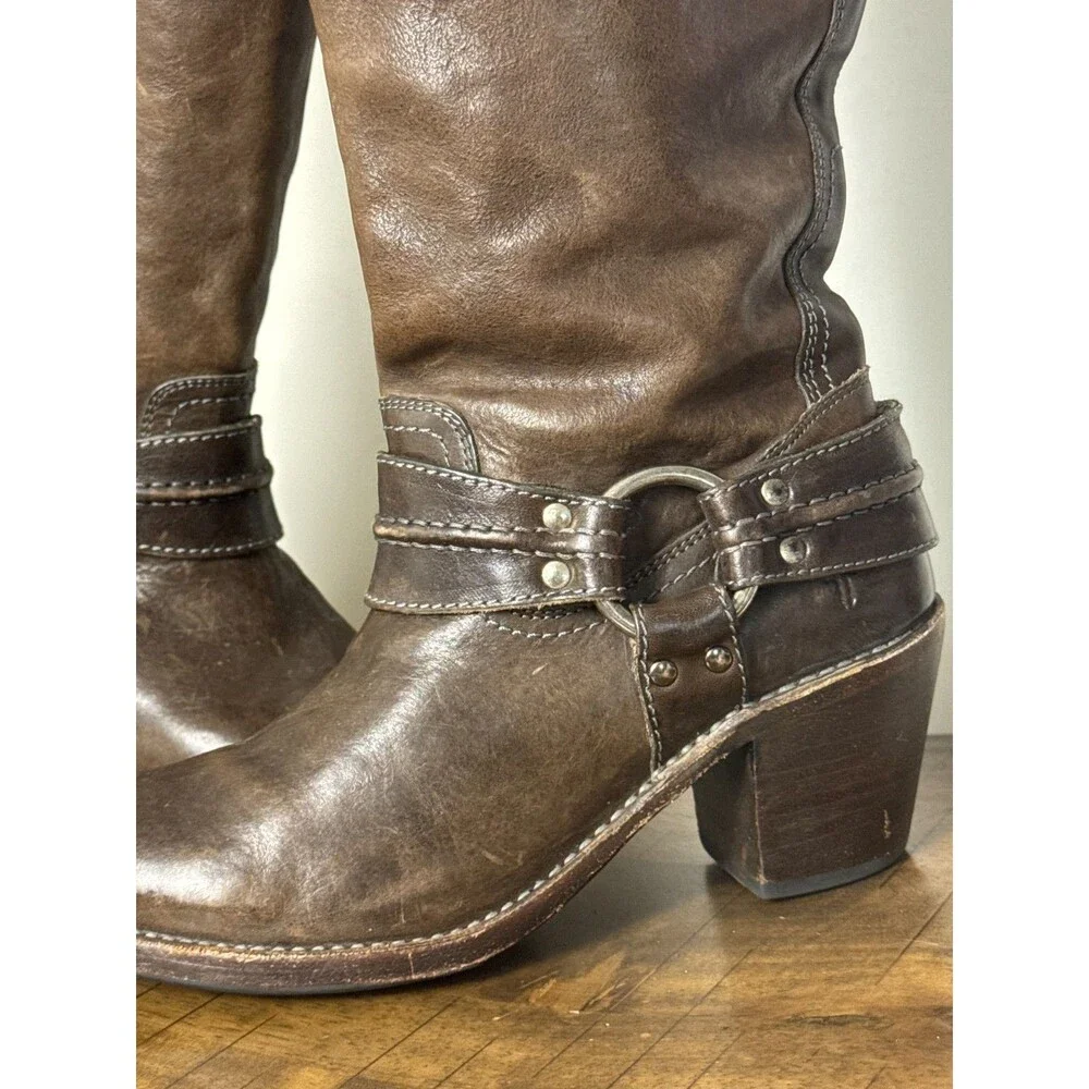 Frye Carmen Harness Tall Boots Women’s 7 B Brown Leather Moto Riding Western